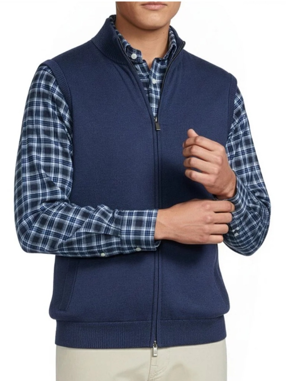 Cremieux Blue Label Cashmere Blend Full-Zip Mock Neck Sweater Vest Navy Size L
